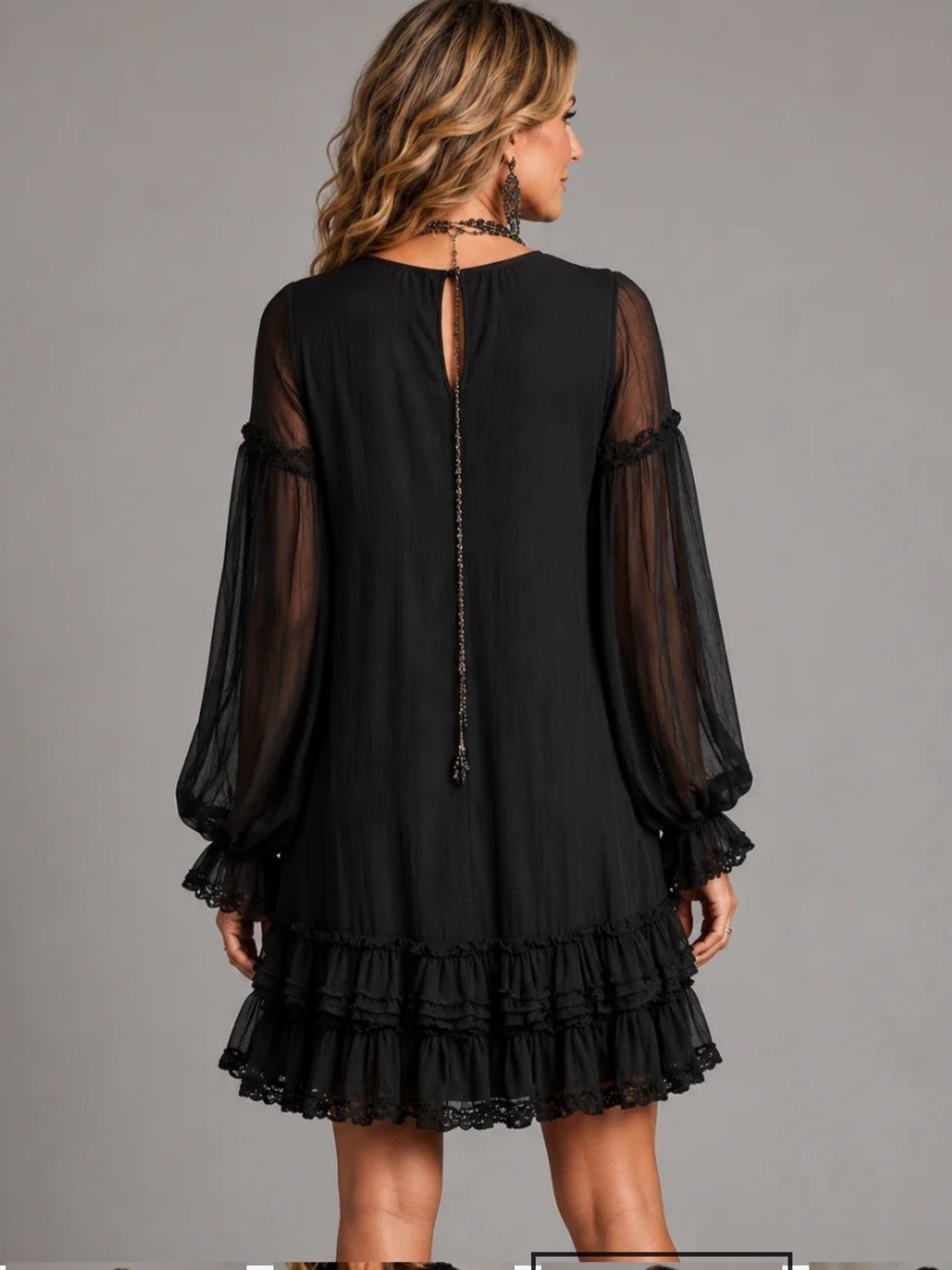 Sheer Ruffle V-Neck Black Babydoll Dress - Picture 3 of 4